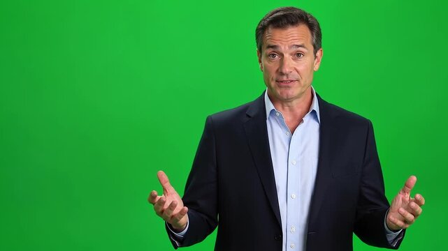 Confident Businessman Gesturing with Hands, Speaking to Camera, Professional Corporate Presentation