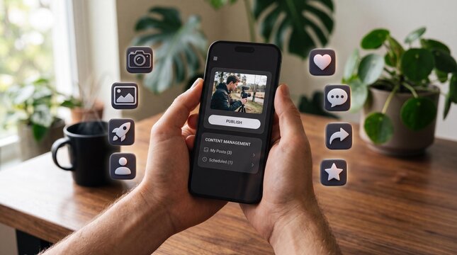 Hands holding smartphone with social media content management interface
