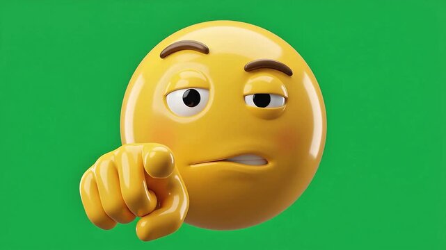 Suspicious Skeptical 3D Emoji Character Pointing Finger at Camera on Green Screen Chroma Key Animated Doubt
