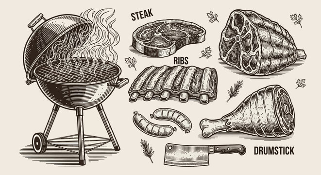 Barbecue grill, steak, ribs, sausages, drumstick, meat, grill, barbecue, food, vector icons