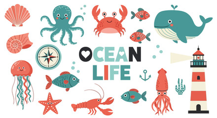 Naklejka premium Ocean Life, Sea Creatures, Marine Animals, Vector Icons, 25 Elements