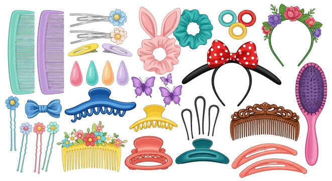 Hair accessories, clips, headbands, barrettes, colorful, vector set, 25 elements, hair decorations