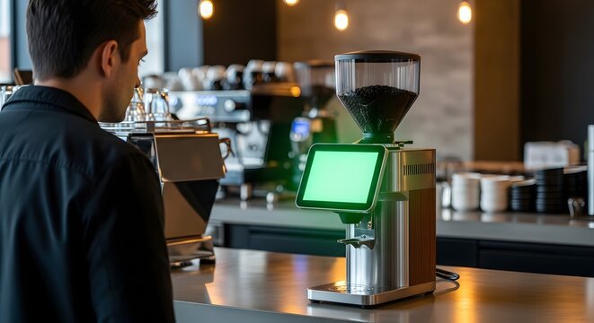 Customer interacting with a modern coffee grinder with a digital display in a cafe.
