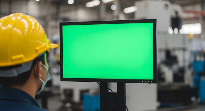 Factory worker in hard hat looking at a green screen monitor.