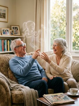 Senior man and senior woman sitting on sofa looking at glowing ghostly image of happy child. Grandparents reminiscing about grandchild. Nostalgia, memory and family love concept.