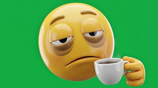 Sleepy Tired 3D Emoji Character Drinking Coffee Cup on Green Screen Chroma Key Animated Monday Morning