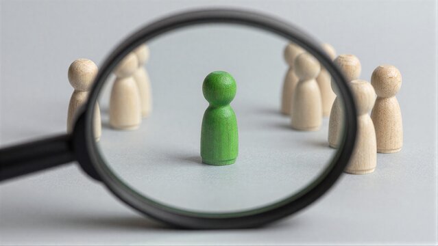 Magnifying glass highlights one green wooden figure among many beige peers.