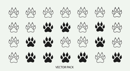 Set of Paw Print Icons: Outline and Solid Black Vector Graphics © Wahyu