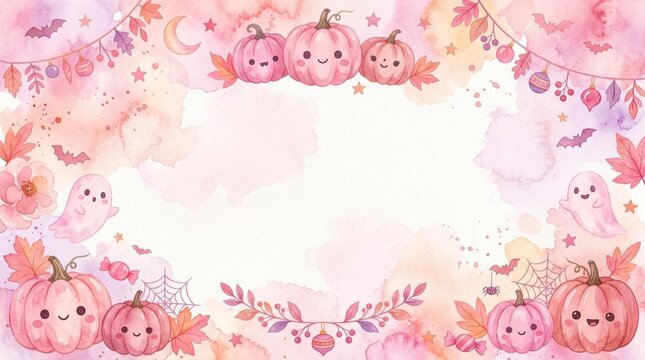 Pink watercolor Halloween background with cute pumpkins and friendly ghosts. Kawaii style illustration of autumn festive celebration. Decorative border template with spooky holiday elements.