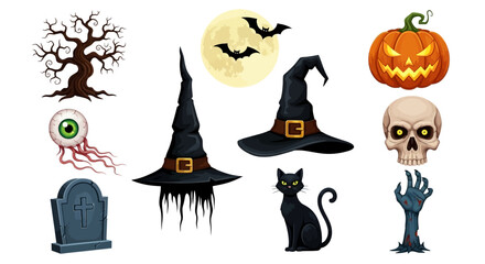 Fototapeta premium Halloween icons, spooky symbols, black cat, witch hats, pumpkin, 9 elements, vector graphics