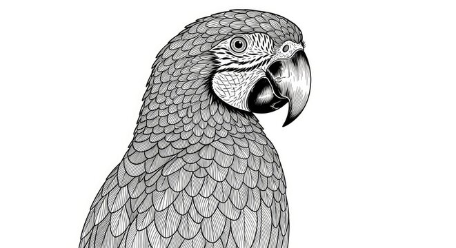 Detailed macaw parrot portrait black and white sketch.