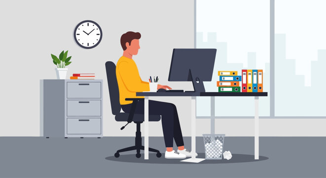 Office worker, businessman, sitting at desk, computer, workspace, office environment