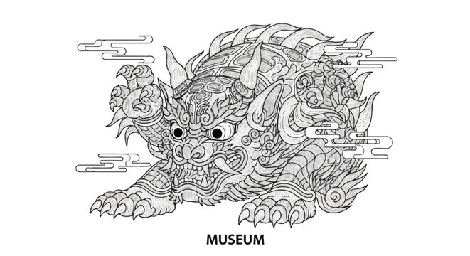 Intricate black and white illustration of a mythical creature with detailed patterns and swirling clouds.