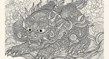Obraz premium Intricate black and white illustration of a mythical beast with flowing mane and detailed floral elements.