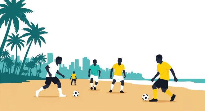 People playing soccer on a beach in Los Angeles or Miami, palm trees and urban coastline silhouette, wearing lightweight jerseys. Bright sunny mood, 5 flat colors of sand, teal, white, and