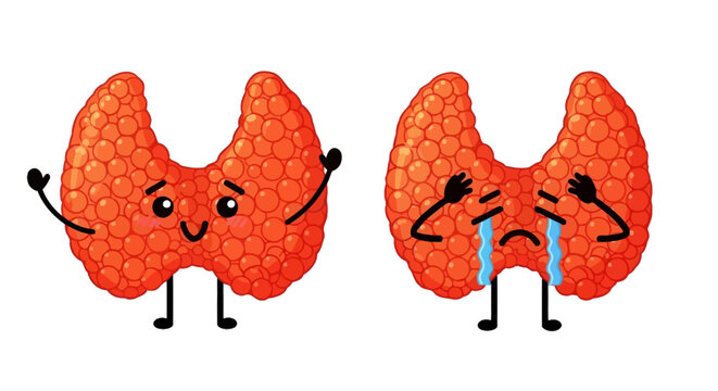 Thyroid gland cartoon characters, emoticon faces, humanized organs, medical illustration, vector icons