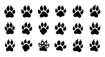 Fototapeta premium Black Animal Paw Prints Silhouette Set Isolated on White Background, Wildlife Tracks Collection