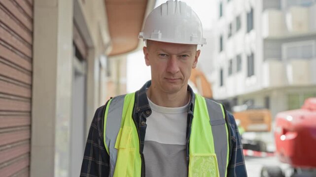Man in hardhat wearing hi vis vest stands facing camera with neutral expression on a building site street; focused duty.