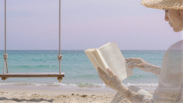 Beachside reader in straw hat, book open, swing and waves behind.
