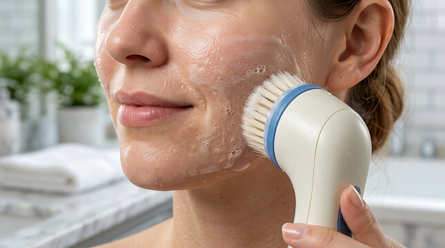 Woman using electric facial cleansing brush for skincare routine; exfoliating and washing face with foam for beauty and hygiene