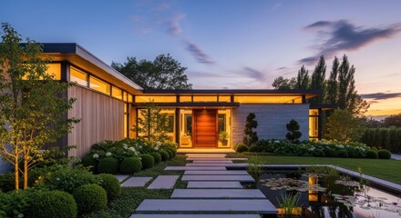 Obraz premium Modern luxury villa exterior at twilight with garden lighting.
