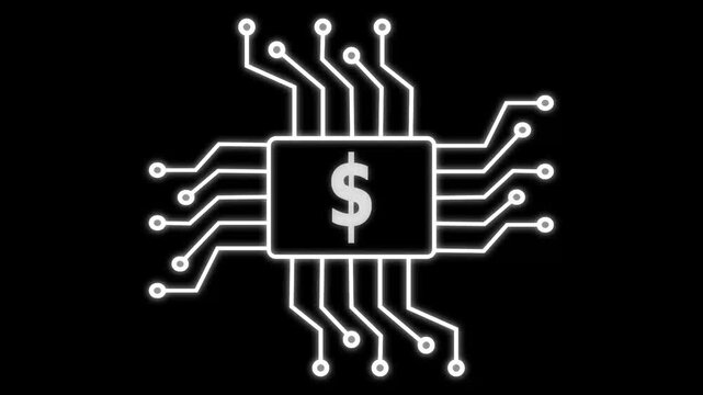 Motion graphic of Blue digital money logo and futuristic HUD technology circuit board with money icon and data transfer on abstract