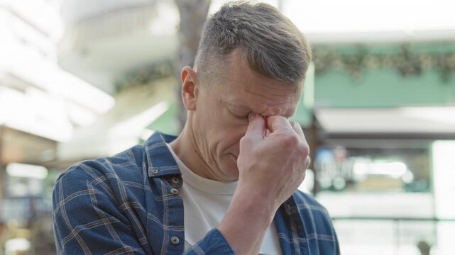 Man pinching bridge of nose and rubbing eyes on a busy urban shopping street in front of storefronts and awnings; fatigue.