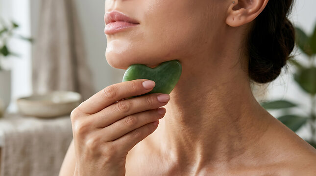 Woman using jade gua sha facial massage tool for anti-aging skincare routine at home, beauty treatment, healthy skin