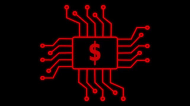 Motion graphic of Blue digital money logo and futuristic HUD technology circuit board with money icon and data transfer on abstract