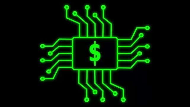Motion graphic of Blue digital money logo and futuristic HUD technology circuit board with money icon and data transfer on abstract
