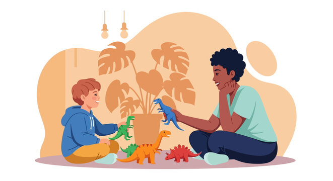 Father and son playing with toy dinosaurs, happy family moment, playtime concept