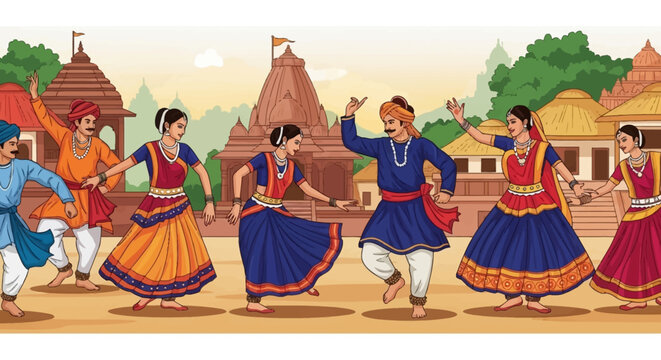 A vibrant illustration depicting a group of people in traditional Indian attire performing a lively folk dance in front of a temple.