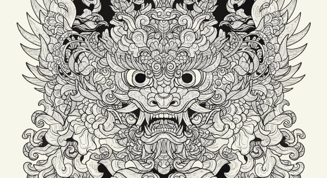 Intricate black and white illustration of a mythical dragon or lion-like creature's face with elaborate ornamental details and swirling patterns.