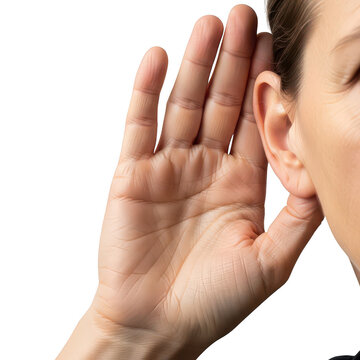 Woman holding her hand to her ear to listen carefully isolated on transparent background