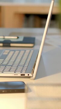Vertical video: Hinge rotating silver laptop lifting screen on light desk with phone and notebook