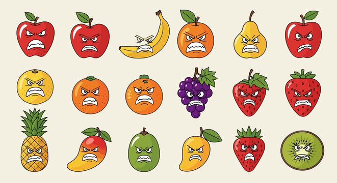 Angry Fruits Collection: Diverse Fruit Characters with Grumpy Faces