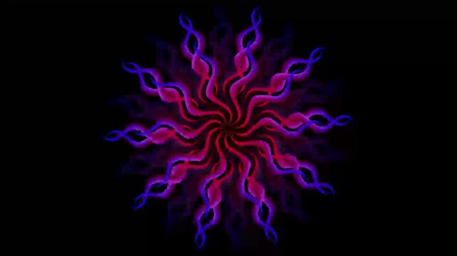 Modern screensaver for computer. Mantra concept with moving orange flower on black background with blinking circle dots. Can be used for yoga or meditation performance. Color of fire.