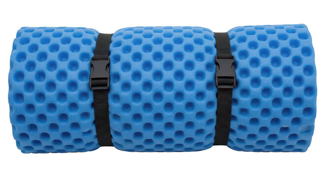 Blue foam camping mat rolled with black straps isolated on transparent background