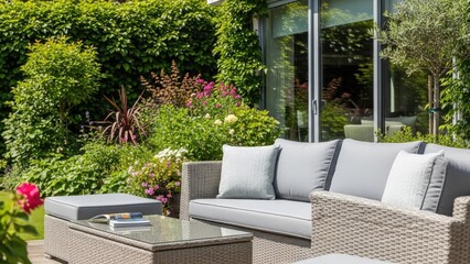 Fototapeta premium Elegant wicker furniture on a lush garden patio