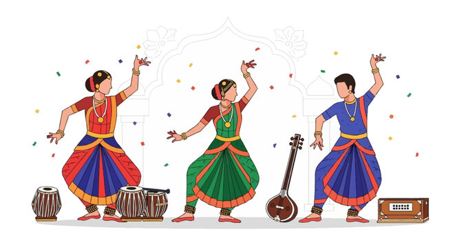 Three Indian classical dancers, two women and one man, performing with traditional musical instruments like tabla, sitar, and harmonium, surrounded by colorful confetti.