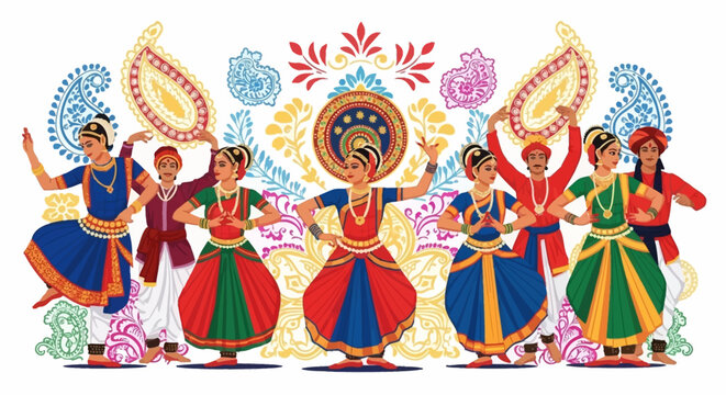 Vibrant illustration of Indian classical dancers in traditional attire performing against a backdrop of colorful, intricate cultural patterns.