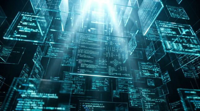 Abstract 3D digital visualization featuring floating transparent panels displaying computer source code, mathematical equations, and algorithms in a glowing teal light matrix.