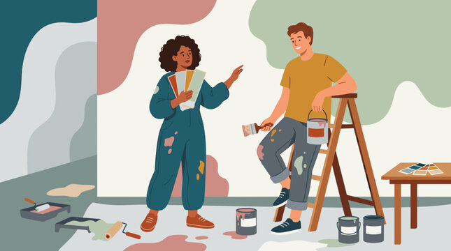 Couple choosing paint colors for home renovation project together