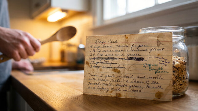 Vintage recipe card next to ingredient glass jar