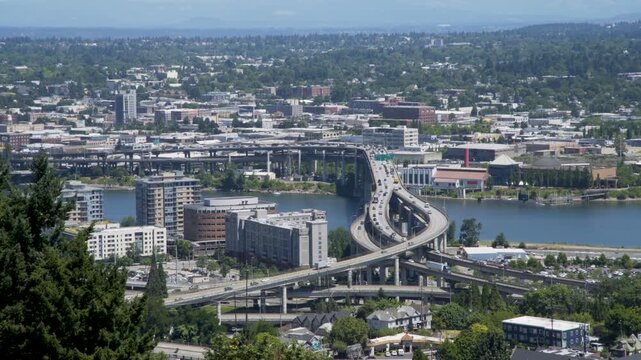 Overlook of Portland Oregon highway interchange and Willamette River