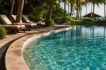 Fototapeta premium Poolside with lounge chairs and palm trees in the background, luxury resort hotel paradise summer vacation relaxation travel holiday scenery backdrop