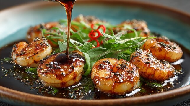 Close-up of prawns in soy sauce on a dark background, glossy seafood dish with a single soy sauce drop, dramatic lighting and rich umami glaze for an appetizing culinary still life.