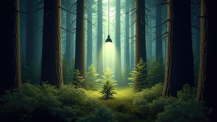 Obraz premium Glowing light bulb hanging over small tree in dark forest.