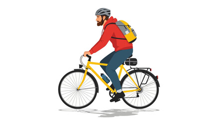 Naklejka premium Man riding yellow bicycle, cyclist with backpack, urban commute concept