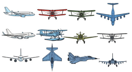 Various military and civilian airplanes, aircraft collection, transportation concept, background © Adam